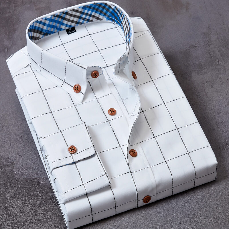 Men's Long-sleeve Close-fitting White Check Shirt Business Leisure Office-wear Workwear Men's Shirt Bottoming Checked Shirt