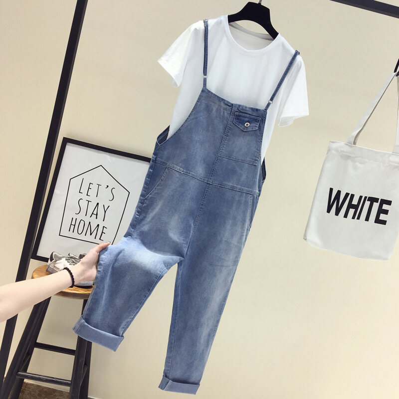 2022 Latest Korean Style Relaxed-Fit Slimming Large Size Denim Suspender Pants For Plump Girls Women 'S Spring/Summer Cropped Pants Suspender Pants For Students