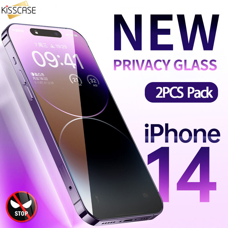 2 Pieces Pack KISSCASE For iPhone 14 Pro Max 13 12 11 Full Coverage Elecshion Screen Protector Anti-peeping Tempered Glass Screen Protector Explosion-Proof Protective Glass