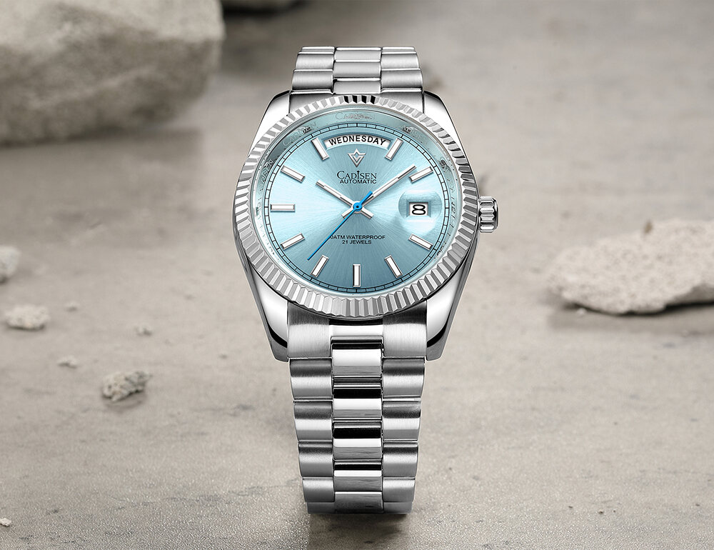 CADISEN Original DD40 Japan MIYOTA 8285 Men Watch Ice Blue Automatic Luxury Gold Stainless Steel Mechanical Waterproof AR Sapphire Glass C8215