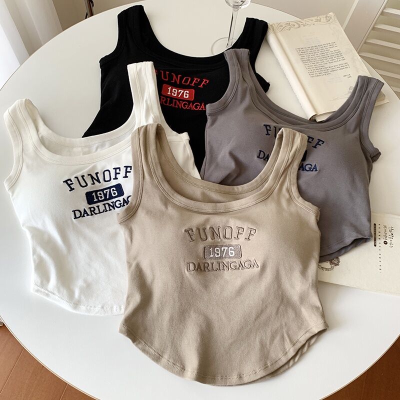 Women Letter Embroidery Camisole Summer Outer Wear Slim Short Vest with Chest Pad