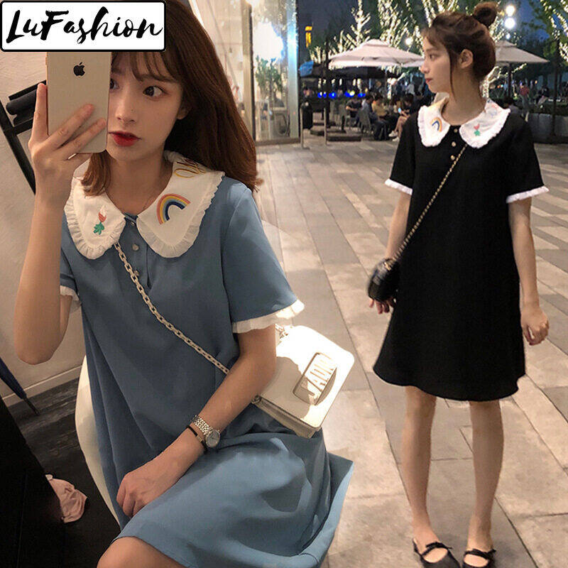 LuFashion Dress Women Korean Style Summer Embroidered Doll Collar Chiffon A-Line Dresses