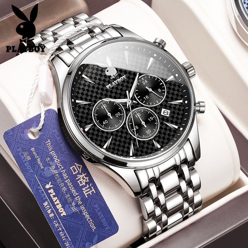 Top PLAYBOY Business Watch for Men Original 2022 Waterproof Luxury Stainless Steel Multifunction Chronograph Quartz Wristwatch