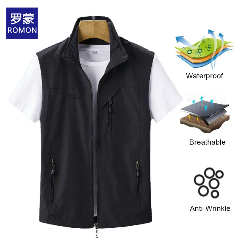 ROMON Vest Men Coat Summer Tactical Thin Casual Gilet Outwear Multi Pocket Fishing Travel Waistcoat Jacket Male Male New Chalecos（M-4XL）