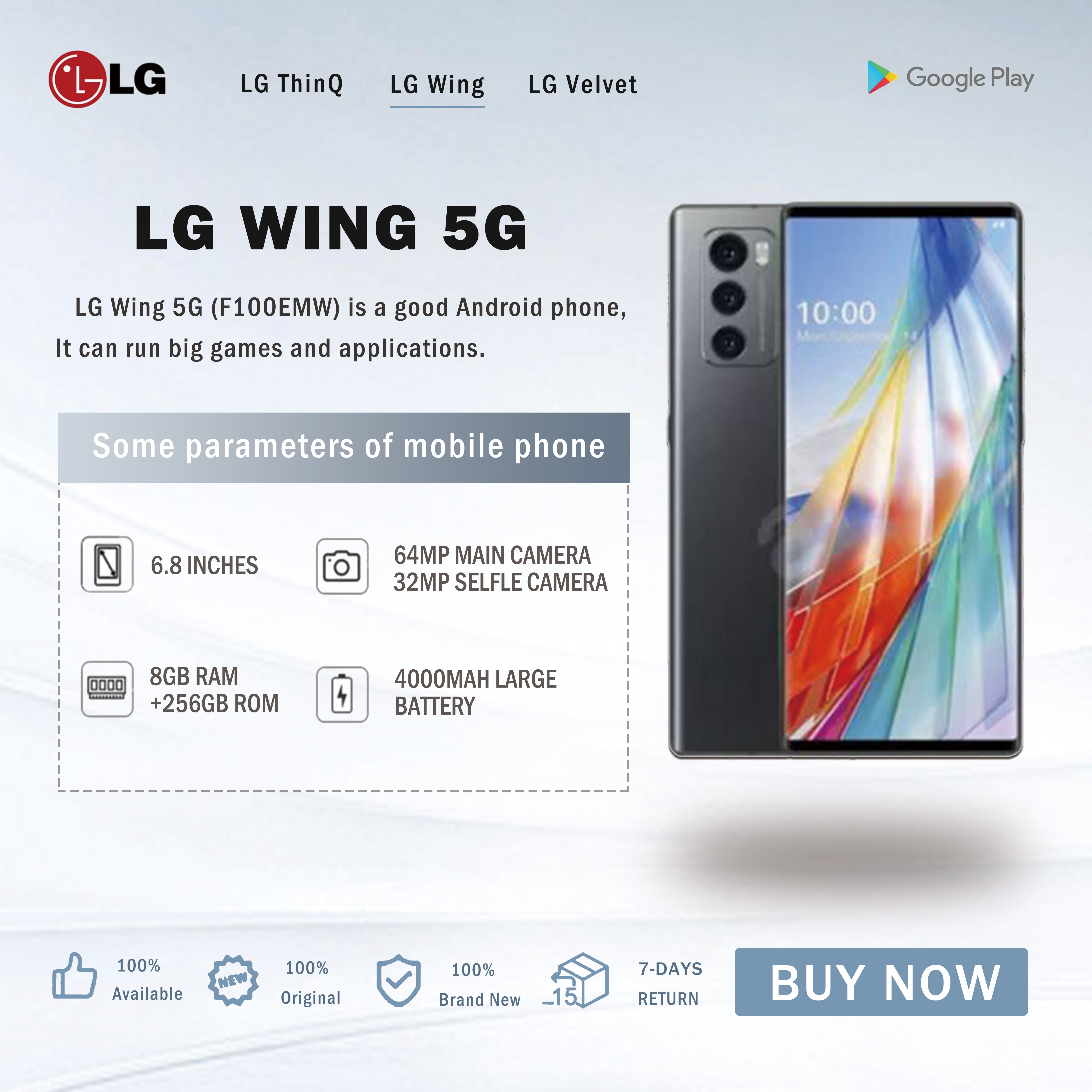 LG WING 5G CellPhone Unlocked Flip Dual Screen Mobile Phone 6.8'' 8GB+256GB Snapdragon 765 Android NFC SmartPhone