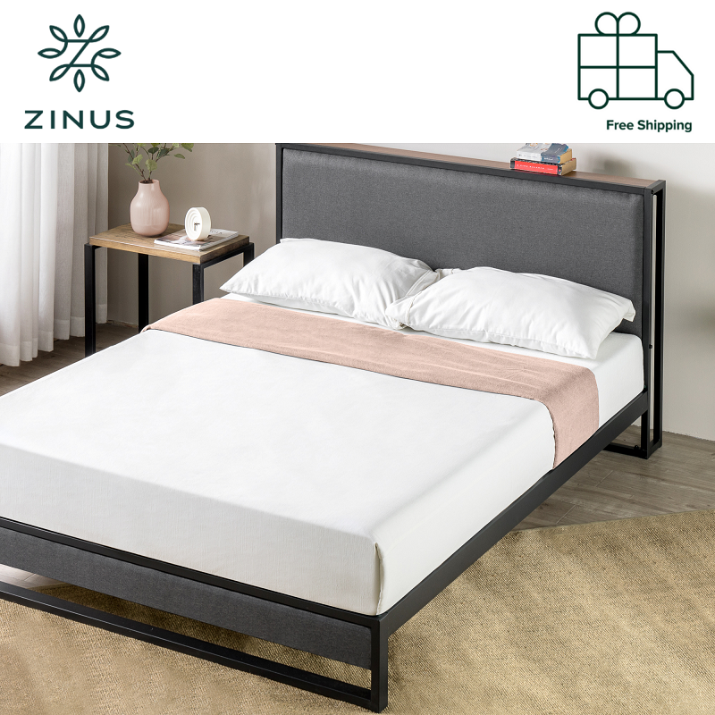 Zinus Christina Upholstered Platform Bed with Headboard Shelf  - Single , Super Single , Queen , King size