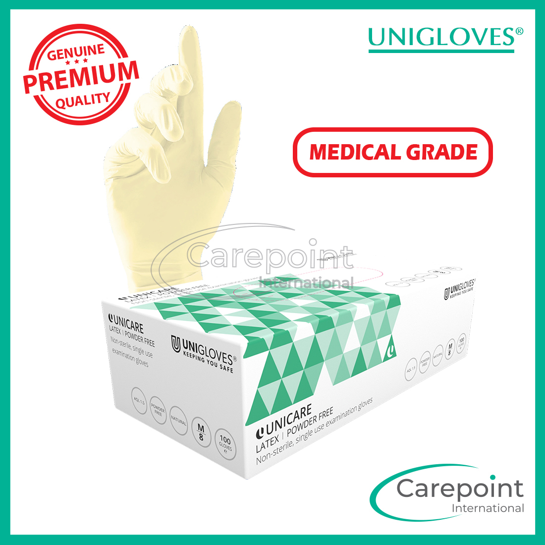Unigloves Unicare Latex Powder Free Examination Gloves [Medical Grade] - 100pcs/box