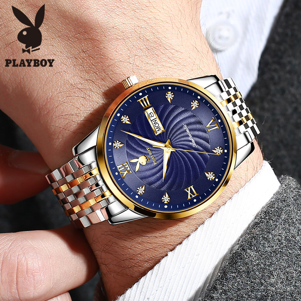 PLAYBOY Thin Automatic Mechanical watches For Men 2021 Sale Waterproof Casual Stainless Steel Atmosphere Watch Luminous Dual Calendar Display