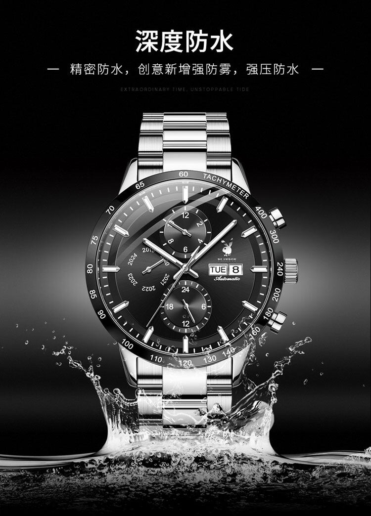 PLAYBOY American Famous Brand Watches Fashion Business Mechanical watch For Men Waterproof Stainless Steel Strap Luminous Dual Calendar Display