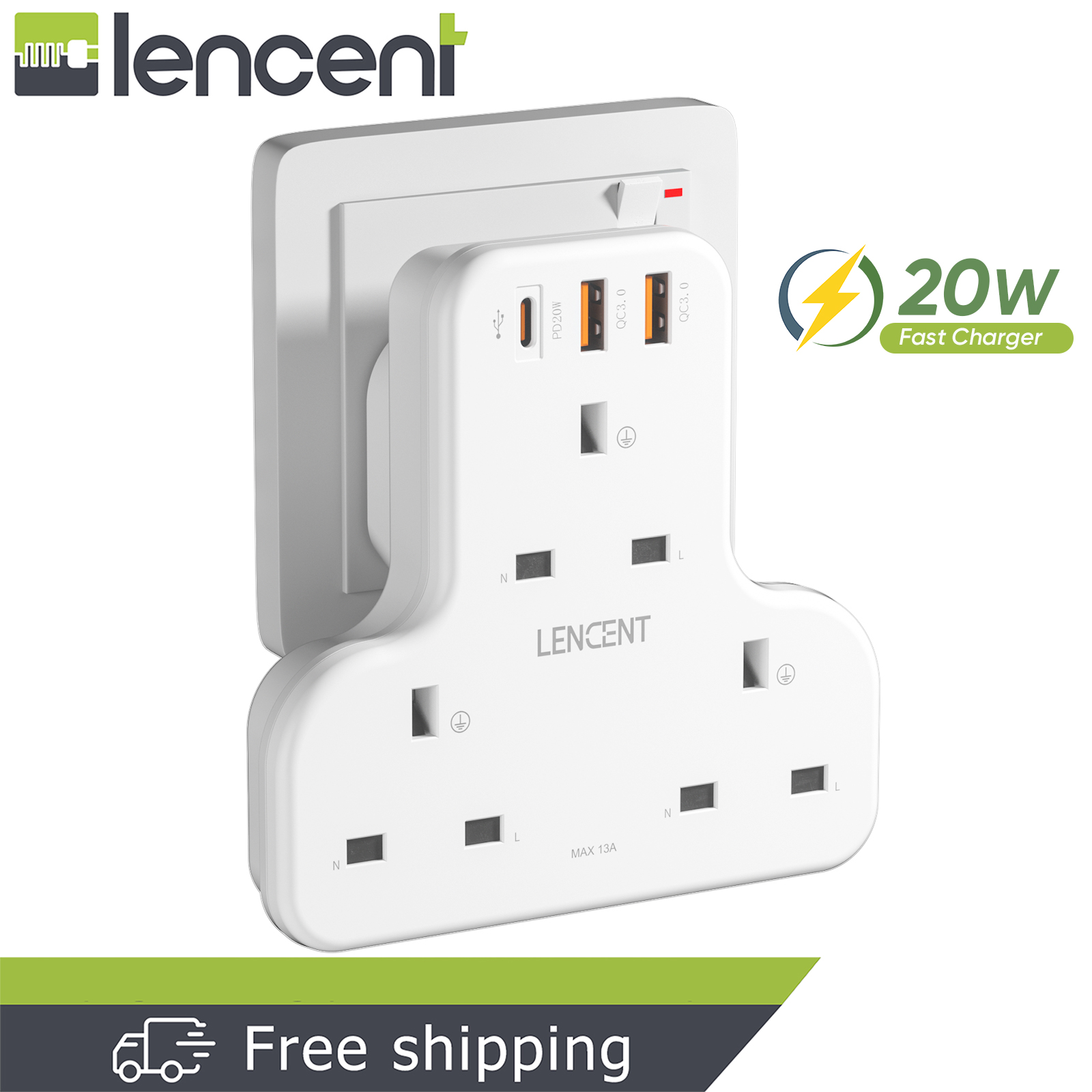 LENCENT Fast Charger PD 20W QC 3.0 Quick Charge 6 in 1 Charger with 3 AC Outlet and 3 USB Ports Plug Extension 3 Way Multi Charger Plug Adaptor Wall Socket