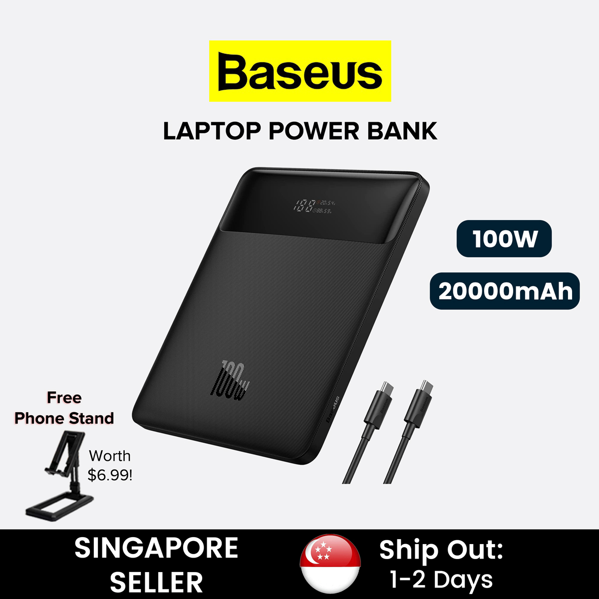 (SG) Baseus Blade 100W Fast Charging Laptop Power Bank (20000mAh, Black) – LED Digital Display for powerbank battery level