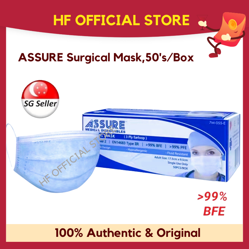 ASSURE Surgical Mask Earloop 3-ply Adult 50's/box Disposable Blue Black 3ply 50pcs 3 ply WaterProof Water-Resistant Water-Proof Blue Black Clinical Medical Mouth Mask sealed Anti Droplet / Anti Germ H