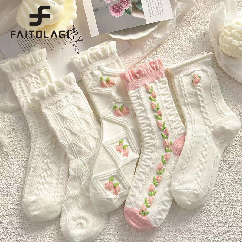 5Pairs/Set Sweet Lolita Lace Socks Women Lady JK Flower Print Frilly Ruffle Middle Tube Socks Harajuku Girls Soft White Sock