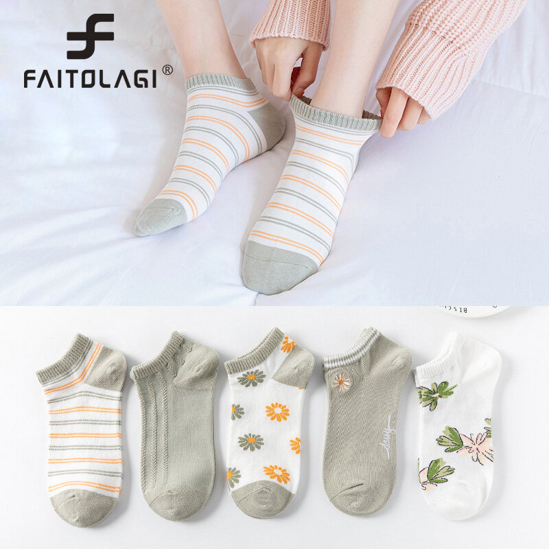 5 Pairs/lot Women Summer Ankle Socks Cute Flower Print Boat Short Sox Casual Ladies Breathable Cotton Sock Hosiery