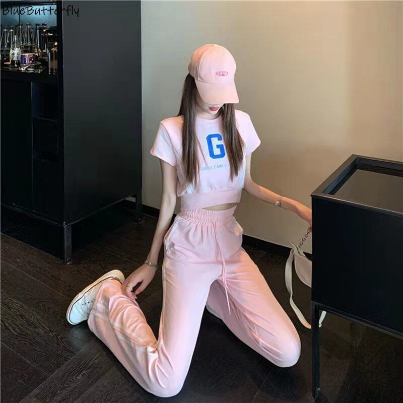 Summer Casual Sports Suit Women's New Cropped Top High-waisted Wide-leg Pants Two-piece