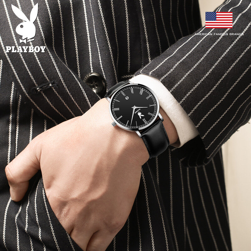 PLAYBOY Simple Quartz Watch For Man Original Waterproof Hot Selling Casual Leather Strap Watch Date Display Free Box
