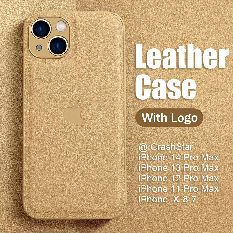 CrashStar With Logo Leather Add Silicone Phone Case For iPhone 14 13 12 11 Pro Max XS XR X 8 7 Plus + SE 2020 Shockproof Phone Casing Simple Soft Phone Cover With Full Cover Lens Camera Protection She