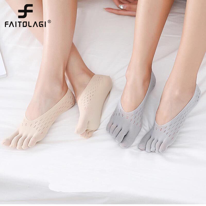 Women Summer Mesh Breathable Five Fingers Socks Slippers Ladies Girls Anti-Skid Silicone Invisible Low Cut Socks