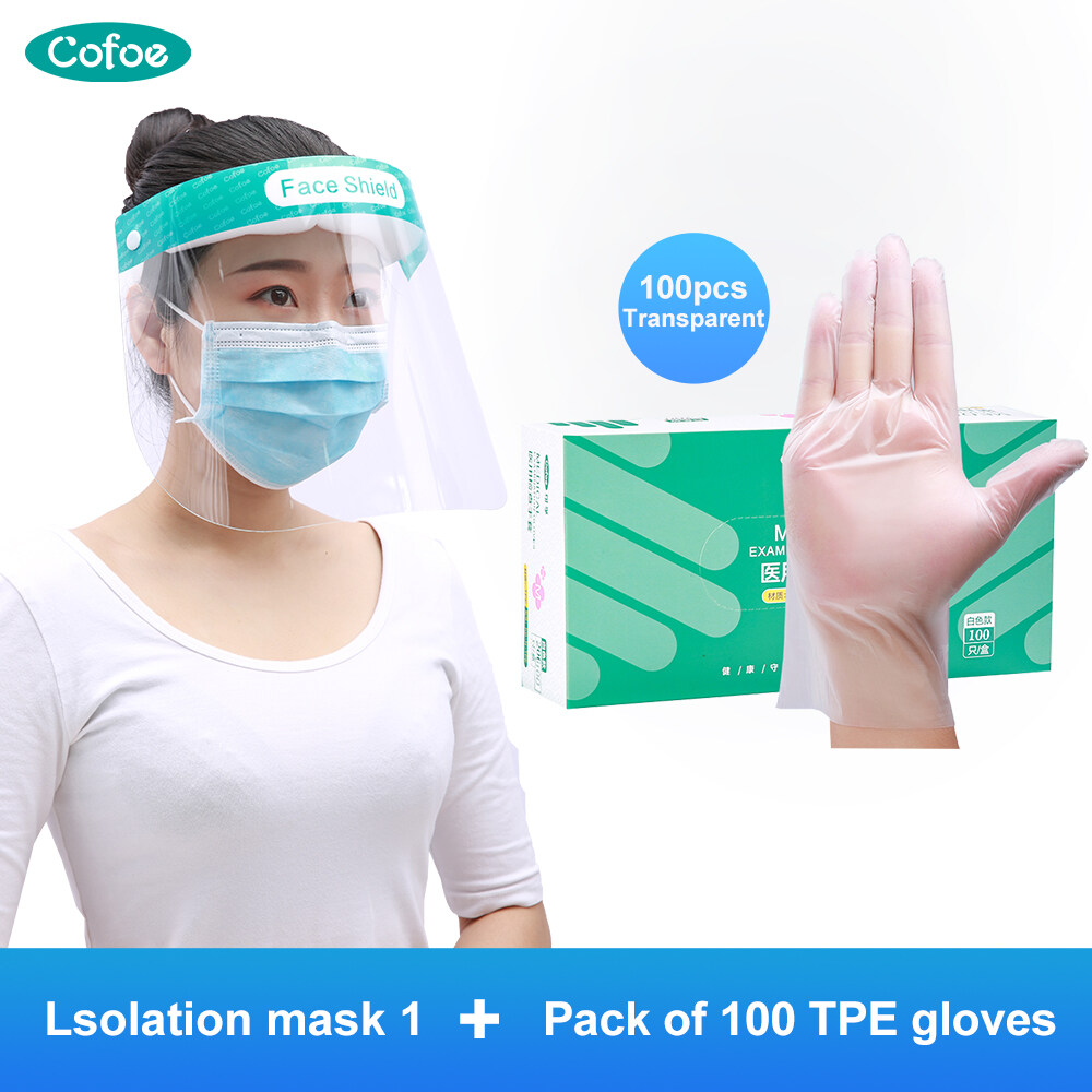 Cofoe Anti-Fog Protective Mask Transparent Anti Droplet Dust-Proof Full Facial Shield Anti-Oil Splash Face Protector +100pcs Medical-grade Disposable TPE Examination Gloves Antivirus Powder-free Hand 