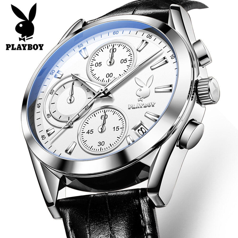 [Hot sale] PLAYBOY Watch For Men Original Waterproof 2022 Fashion Multifunction Dial Luxury Genuine Leather Strap Casual Mens Watch