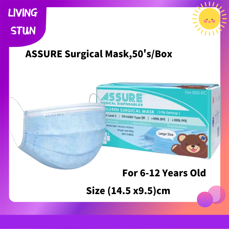 ASSURE Surgical Mask Kids Children 50’s/box 3-ply Earloop Disposable 99% BFE  (6-12 years)