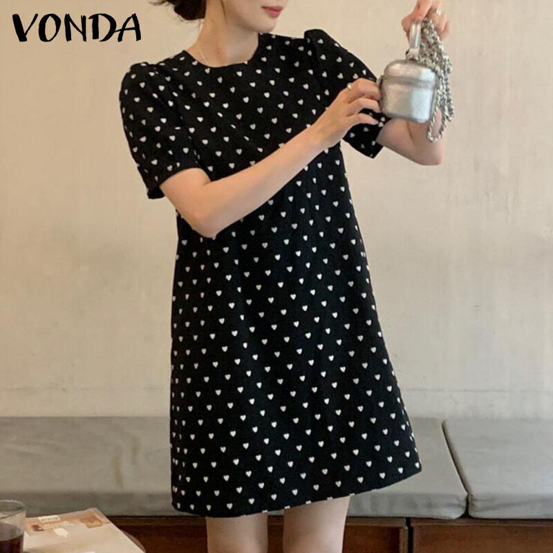 MASHYCHIC VONDA Women's Versatile Loose Heart Printed Mini Dresses Leisure O-Neck Puff Sleeve Dress (Korean Causal)