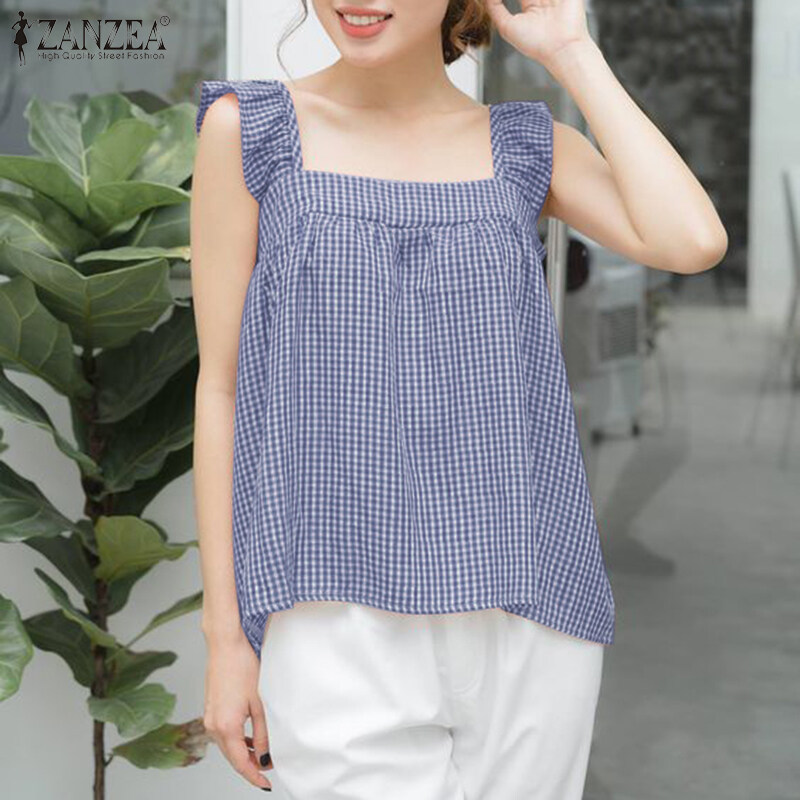 HijabFab ZANZEA Korean Style Women Blouse Versatile Geometric Printed Camisoles Loose Sleeveless Tanks Ruffle Tops #10