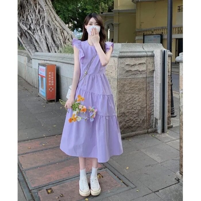 CCHome-Design Sense Small Flying Sleeve Dress Summer Women's Chic Beautiful Seaside Vacation French Waist Age-reducing Mid-length Dress