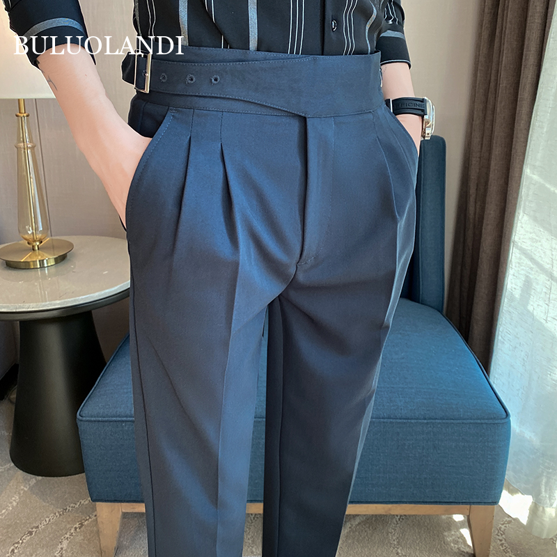 BULUOLANDI British Style Men High Waist Casual Dress Pant Men Belt Design Slim Trousers Formal Office Social Wedding Party Dress Suit Pants