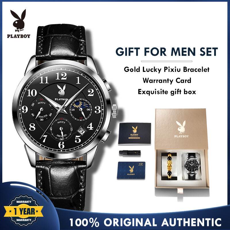 【Buy 1 Take 1】Authentic PLAYBOY Watch for Men Original Waterproof 2022 Luxury Genuine Leather Multifunction Chronograph Watch Set With Free Bracelet