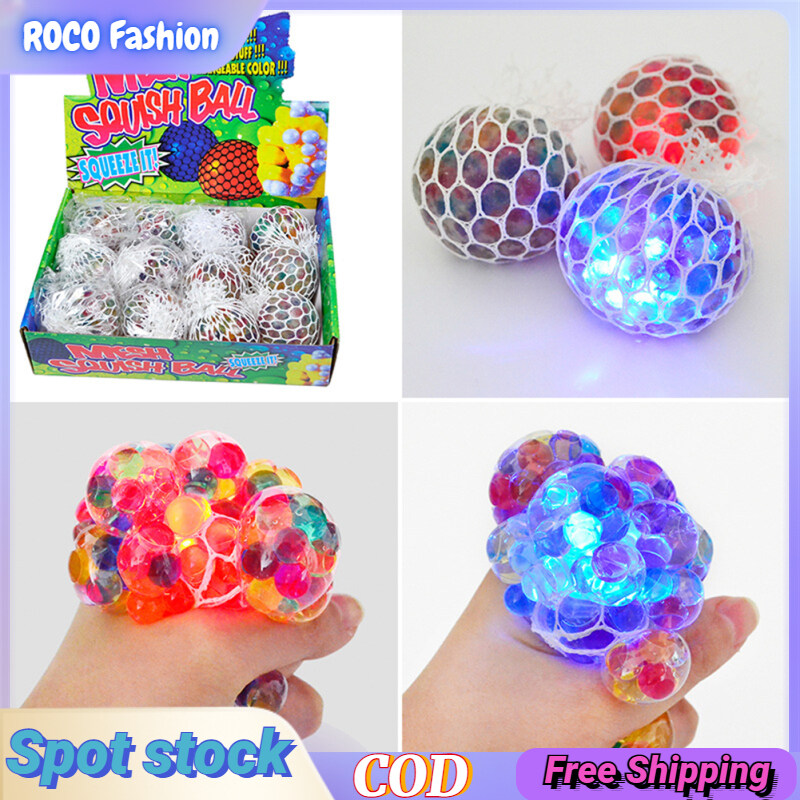 【24H Shiping】Mesh Relieve Stress Ball Colored Beads Led Luminous Grape Funny Squeeze Ball Toy