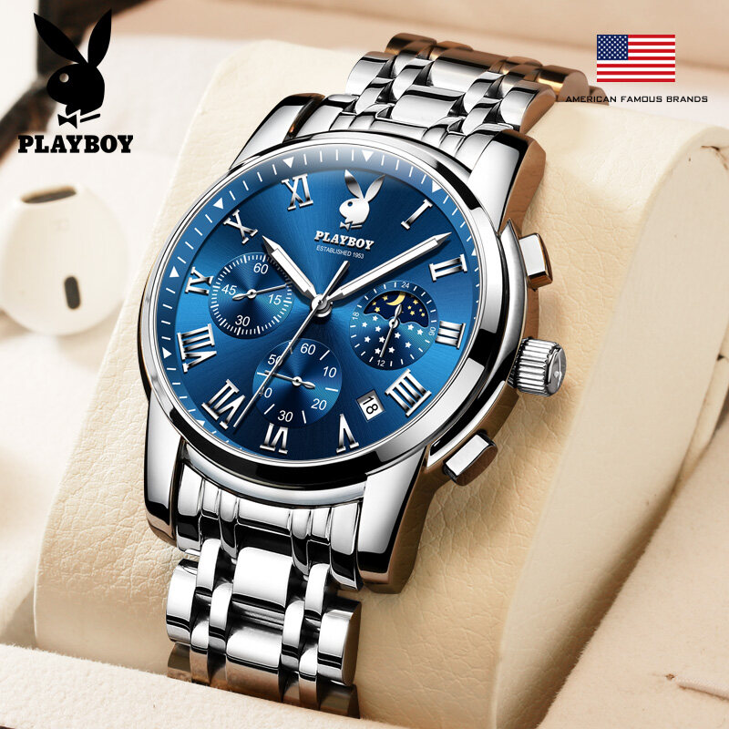 PLAYBOY Authentic Watch for men original imported solid Stainless Steel Luxury Luminous Calendar Chronograph Quartz Watch  Black  Blue