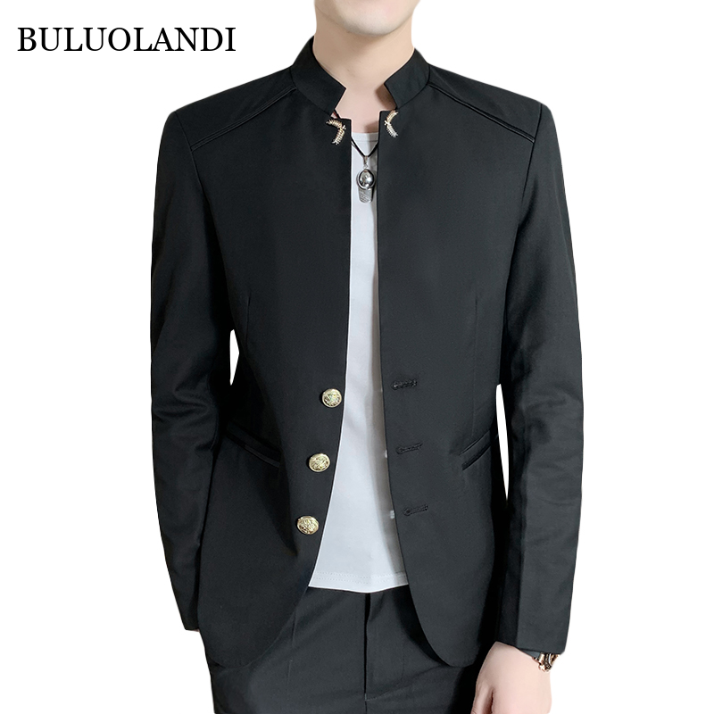 BULUOLANDI Autumn New Retro Suit Blazer Coat Men Single-Breasted Stand-Up Collar Male Long-Sleeved Jacket