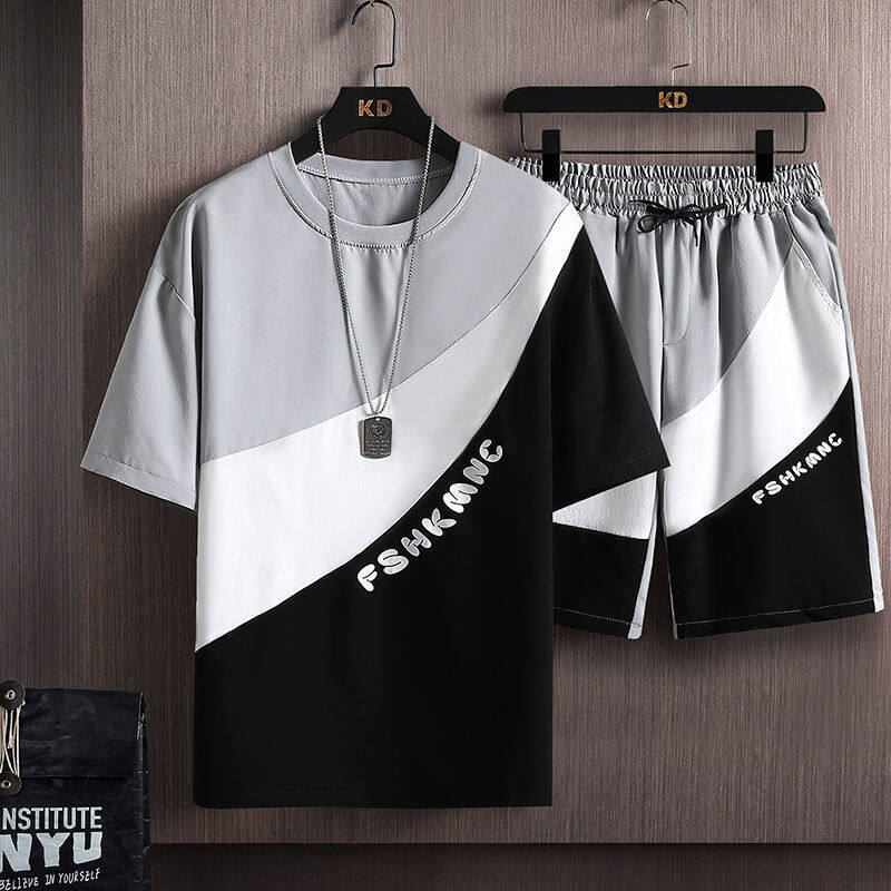 2-piece Men's Suit 2022 Summer Thin Ice Silk Short-sleeved T-shirt Handsome Casual Sports Summer Suit
