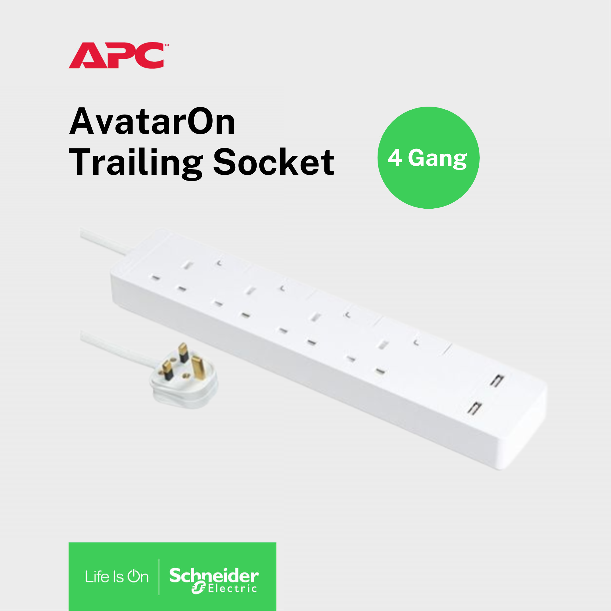 Schneider Electric- AvatarOn Trailing Socket with Individual Switch & USB, 4 Gang